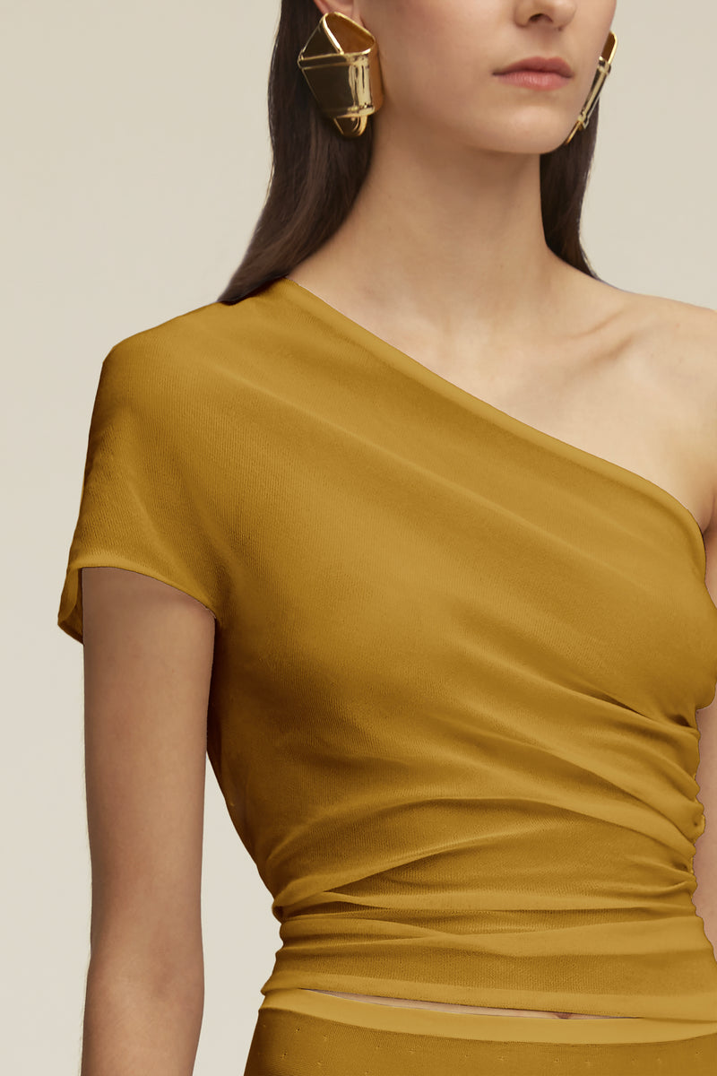 The Leah One Shoulder Sheer Knit Tee in Dried Tobacco