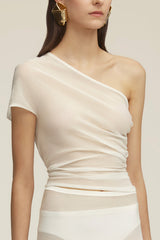 The Leah One Shoulder Sheer Knit Tee in Ivory