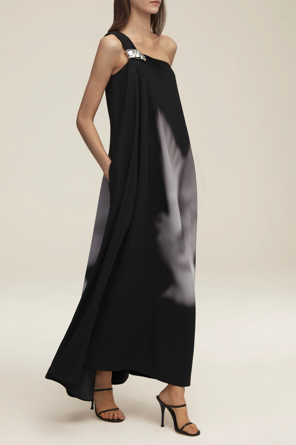 The Mae One Shoulder Draped Dress in Dove Print