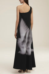 The Mae One Shoulder Draped Dress in Dove Print