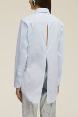 The Mira Boyfriend Button Up with Split Back in Sky Blue