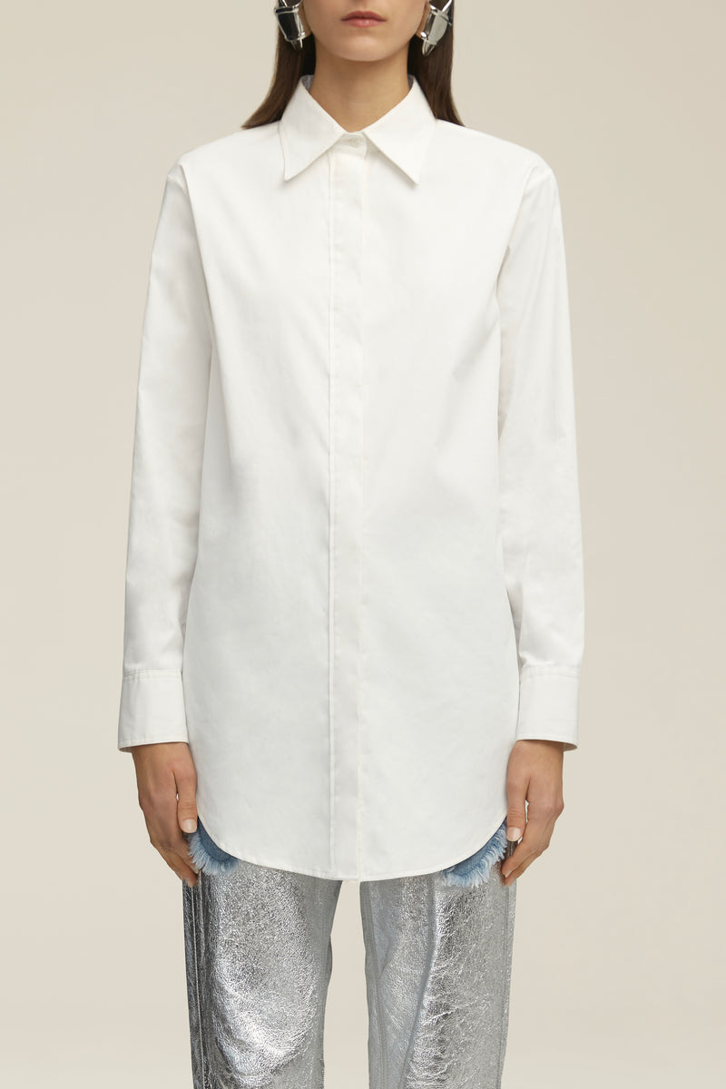 The Mira Boyfriend Button Up with Split Back in White