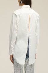 The Mira Boyfriend Button Up with Split Back in White