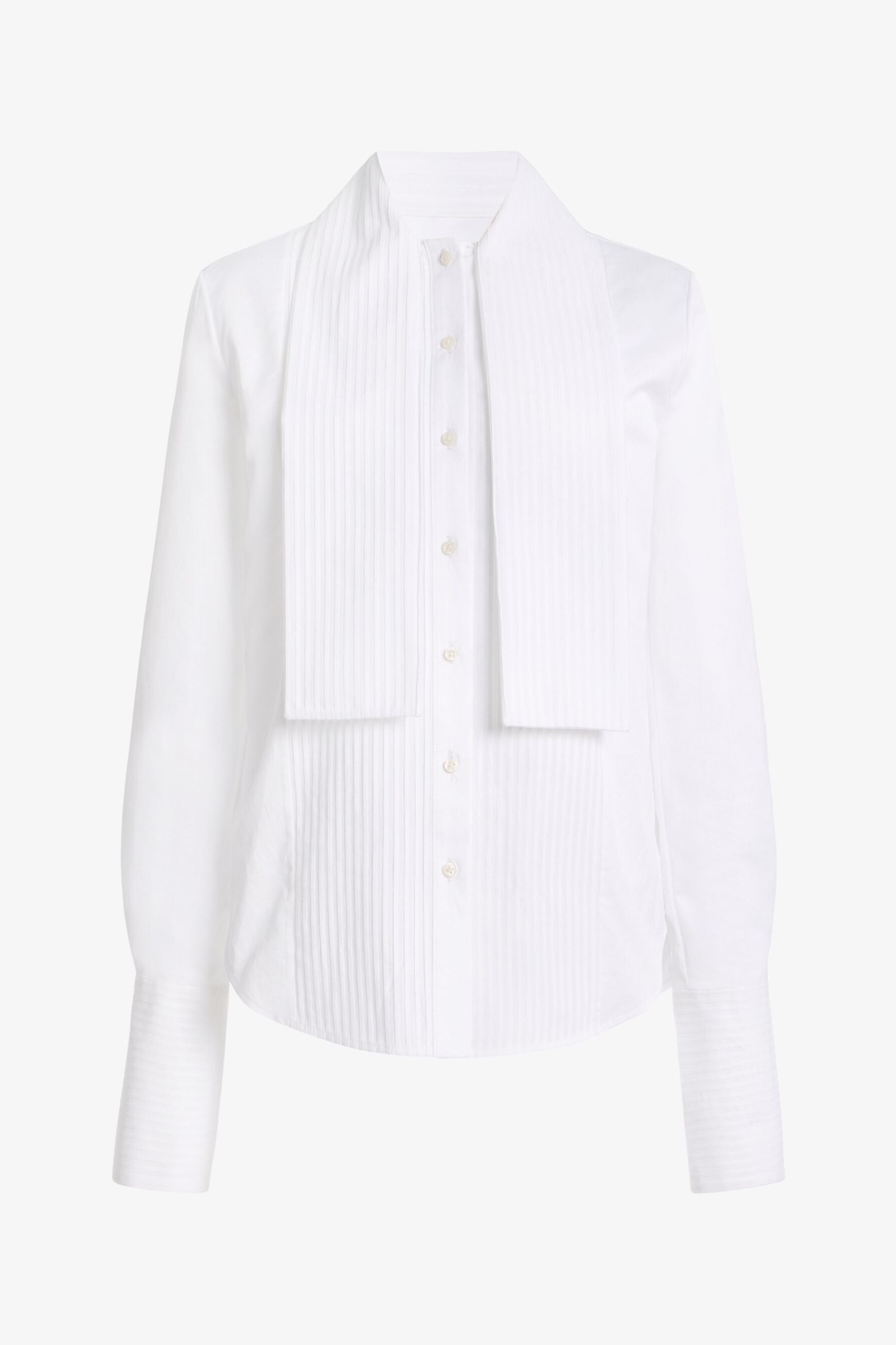 A white long-sleeve button-up shirt with a high structured collar, vertical pleats, and a decorative front flap detail, shown against a plain white background.
