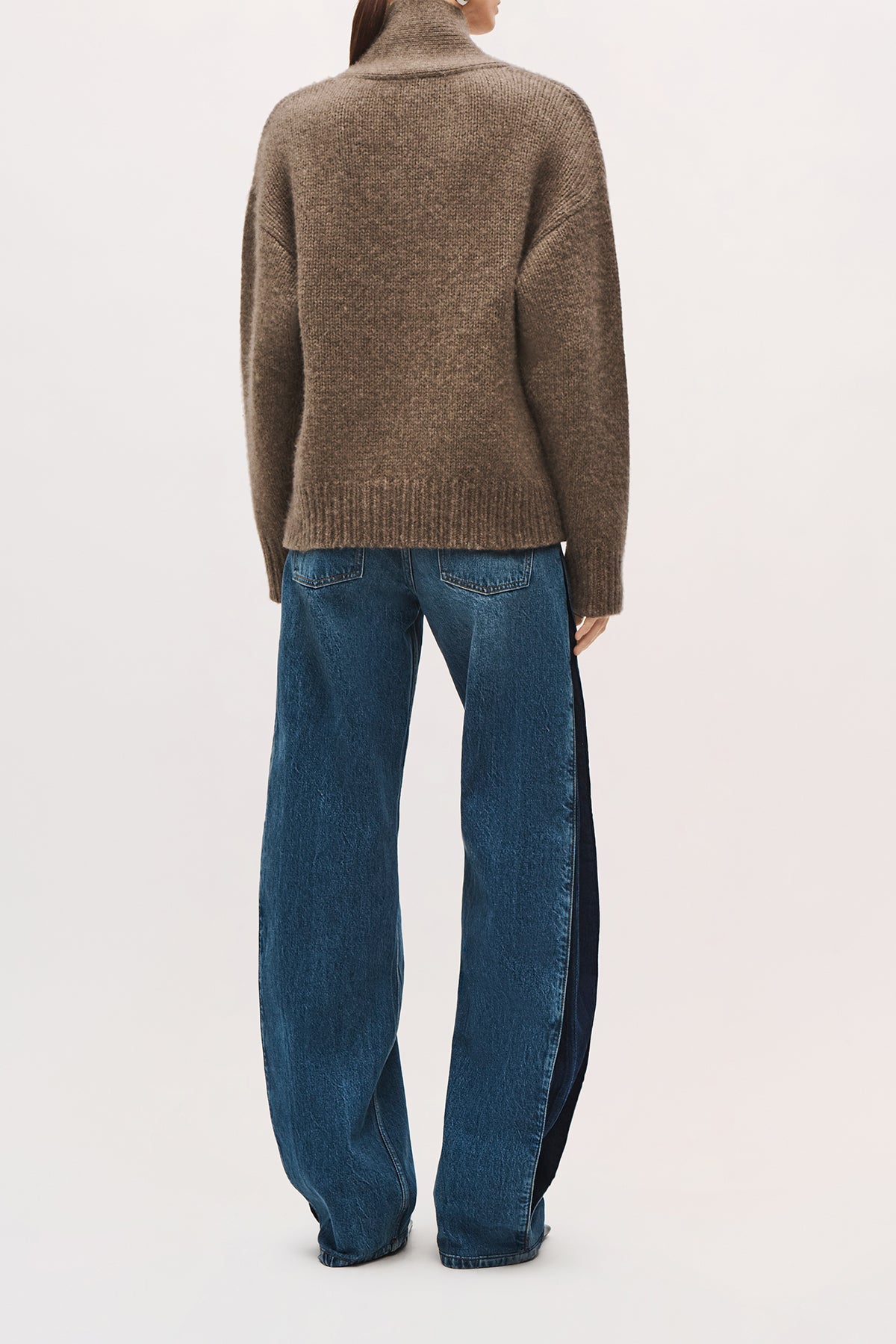 Back view of the Lowen Cardigan in Truffle with an oversized, relaxed fit. 