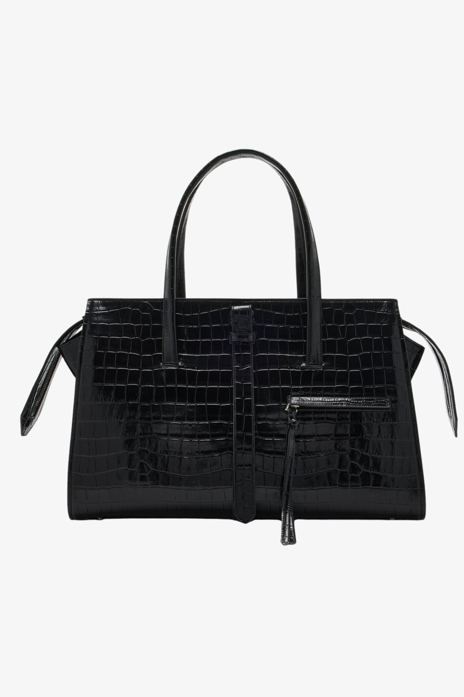 A front view of the Vance Weekender Bag in Black Embossed Croc Leather.